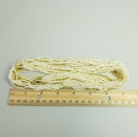 Vintage Faux Pearl and Gold Tone Multi Strand Long Beaded Necklace, Hook Clasp - Picture 5 of 7
